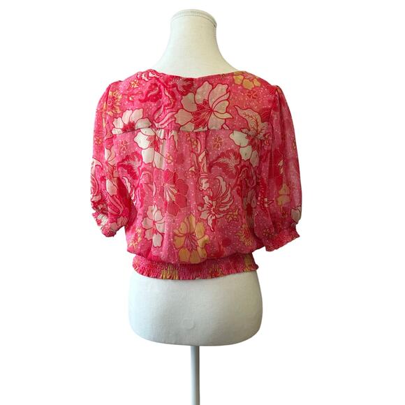Joie Semi Sheer Pink Floral Top Womens Sz Medium Smocked Waist Cottagecore Boho - Picture 2 of 12
